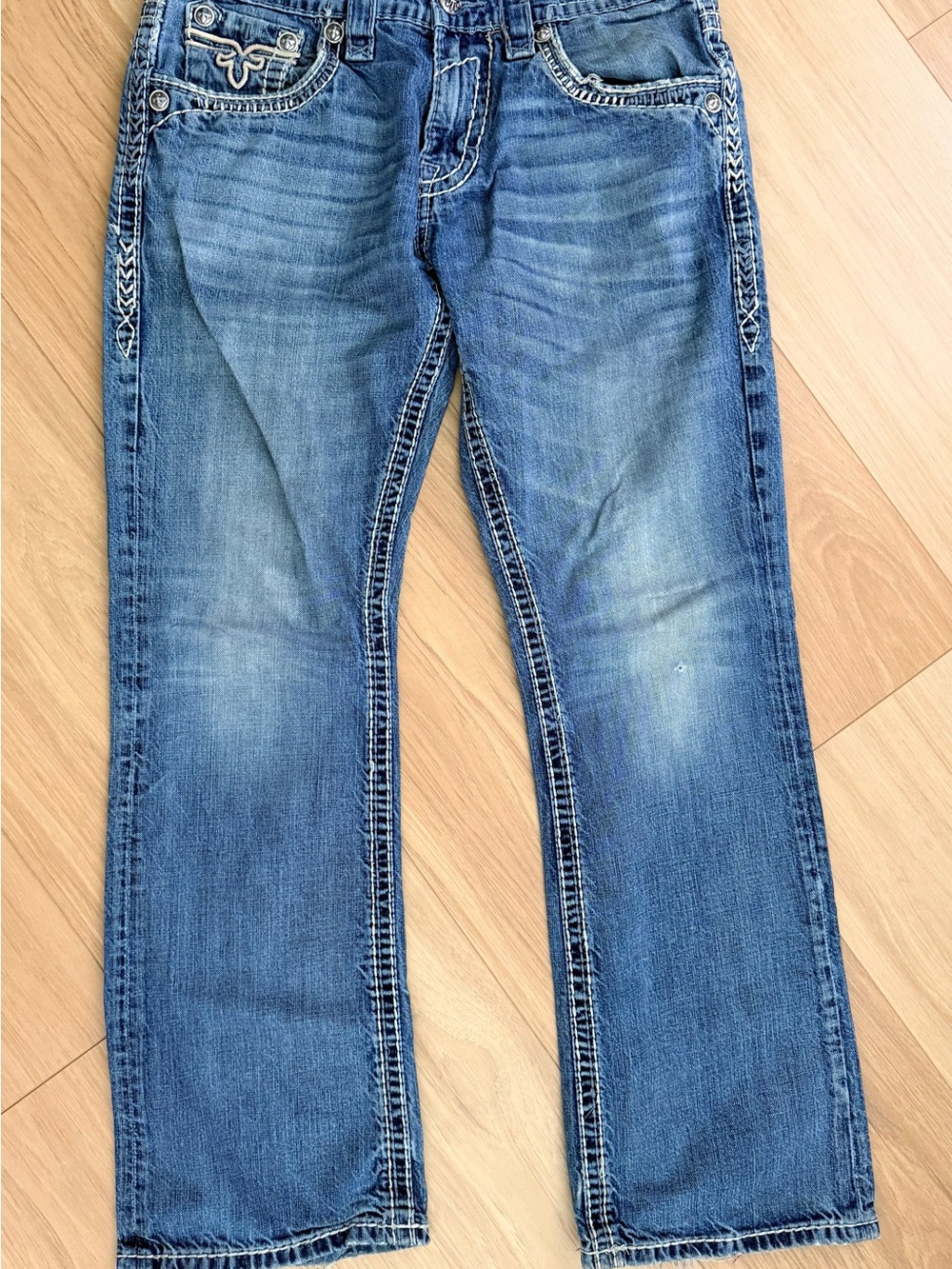Rock Revival Mens Medium Blue Boot Cut Jeans with Contrast Stitching